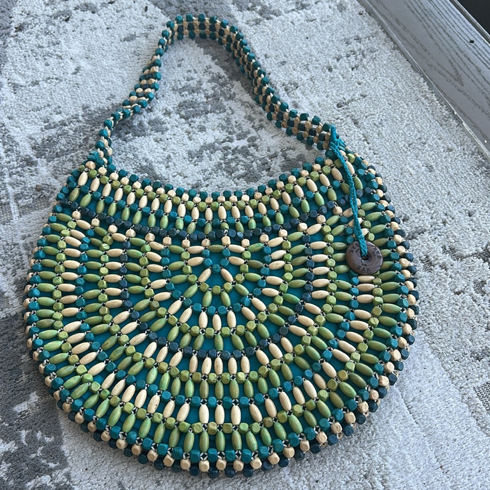 The Sak Beaded Shoulder Bag Green Blue Boho Wooden Bead Purse Summer bag NEW